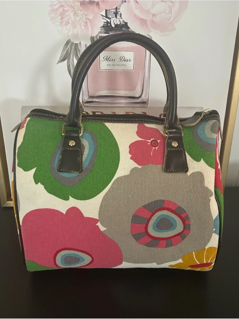 Vintage Y2K Victoria’s Secret Floral Canvas Satchel Handbag Striped Bowling bag